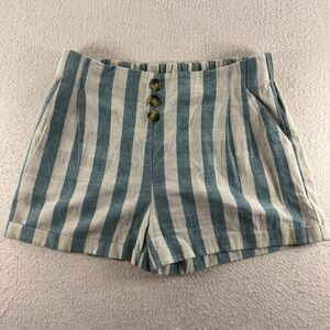 Umgee Women's Striped Linen Shorts‎ Elastic Waist Button Front Pockets Size L